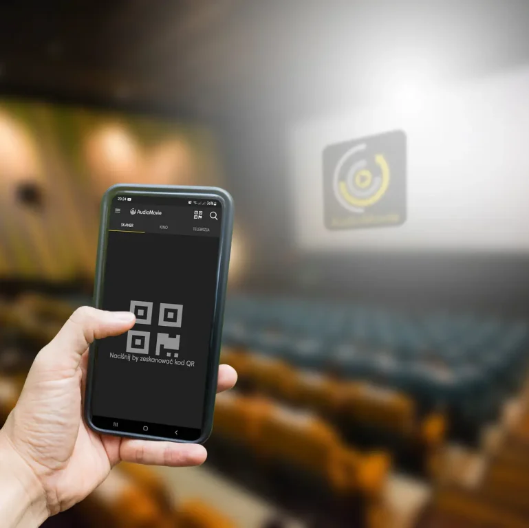 Hand hold on mobile with cinema background